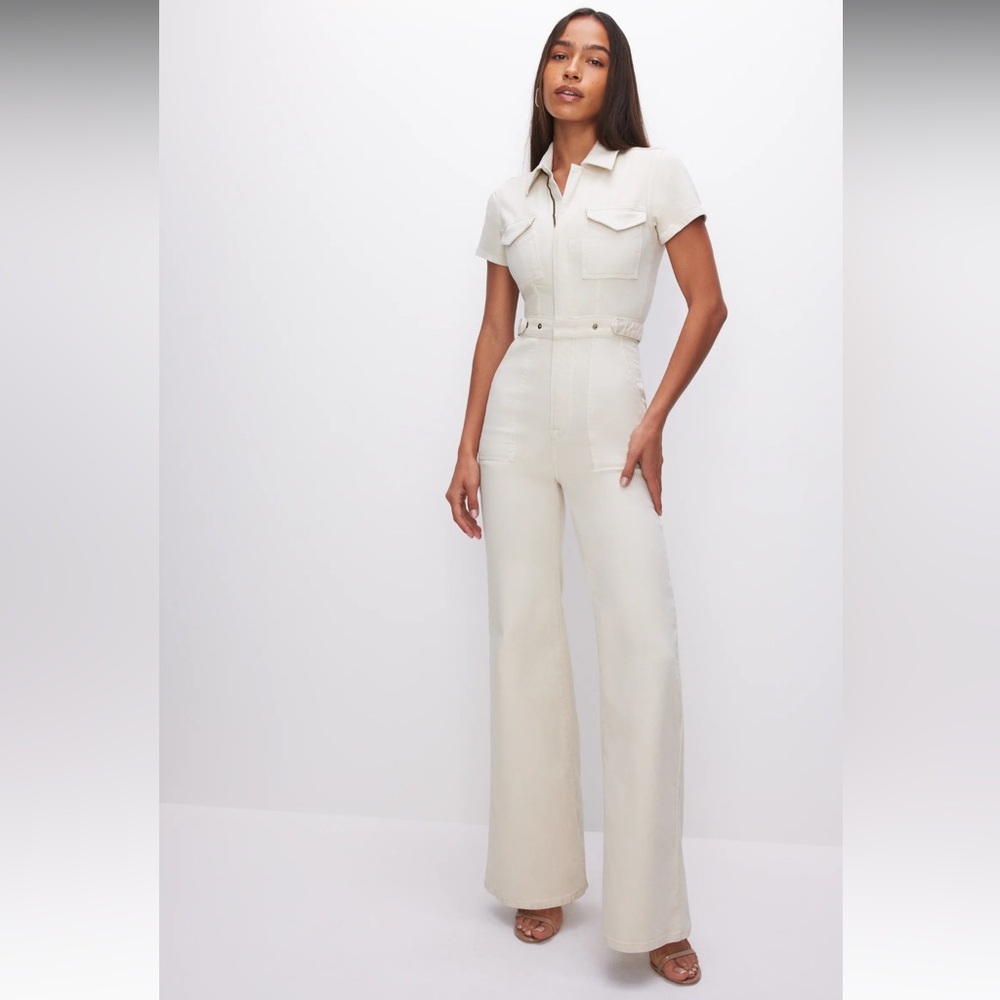NWT GOOD AMERICAN Fit For Success Palazzo Denim Jumpsuit Short Sleeve - Small